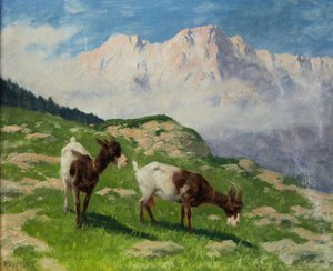 亚瑟-海耶山间风景中的山羊 作者 亚瑟·海耶（Arthur Heyer）