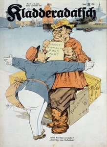 关于法苏协定的德国漫画（法国海关官员和俄罗斯水手："你有什么要申报的吗？没有！只有武器！"（西班牙战争背景），"Kladderadatsch" 8/11/11(西班牙战争背景），"Kladderadatsch "1936 年 11 月 8 日，Arthur Johnson（1874-1954 年）绘制。 作者 Arthur Johnson