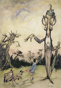 一个带着孩子和两只乌鸦的巨人，来自“贝蒂·巴伯的书”的插图，由Maggie Brown，pub.1910（笔和墨水，后来由Harry Rountree着色，1878-1950）（也是书中的插图o