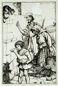 Alured Denne爵士的汤姆猫，插图来自《英戈兹比传奇，或欢乐与奇迹》，作者托马斯-英戈兹比，1898年出版（纸上笔墨）。 作者 亚瑟·拉克汉姆（Arthur Rackham）