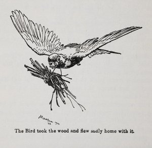 一只鸟叼着一捆树枝。 作者 亚瑟·拉克汉姆（Arthur Rackham）