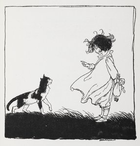 一个抱着洋娃娃的女孩向她的猫告状。 作者 亚瑟·拉克汉姆（Arthur Rackham）