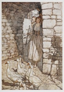 一个女孩与鹅。 作者 亚瑟·拉克汉姆（Arthur Rackham）