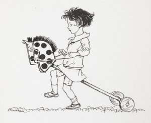 一个小女孩骑在玩具木马上。 作者 亚瑟·拉克汉姆（Arthur Rackham）