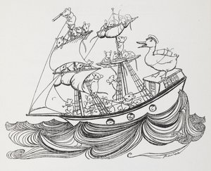 一艘船的船员是老鼠，船长是鸭子。 作者 亚瑟·拉克汉姆（Arthur Rackham）