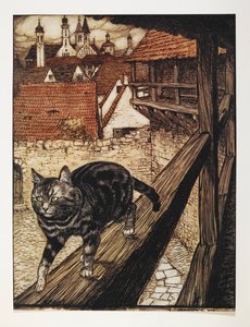 一只虎斑猫沿着建筑物的木栏行走。 作者 亚瑟·拉克汉姆（Arthur Rackham）