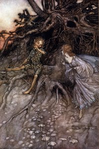 第二幕，第一场帕克和一个仙女； 帕克承认他是“夜晚的那个快乐的流浪者”。 亚瑟·拉克汉姆 (1867-1939) 为威廉·莎士比亚的夏夜之梦绘制的插图 作者 亚瑟·拉克汉姆（Arthur Rackham）