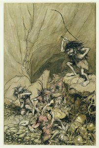 Alberich驾驶Nibelungs带着金银宝藏，来自The Rheingold和Valkyrie的插图由Richard Wagner（1813-83）酒吧。 1910年（笔和墨水，wc） 作者 亚瑟·拉克汉姆（Arthur Rackham）