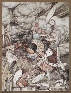 爱丽丝与公爵夫人、厨师和柴郡猫一起下厨房 作者 亚瑟·拉克汉姆（Arthur Rackham）