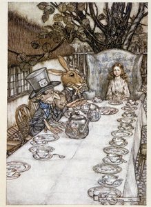 爱丽丝拿了“傻瓜中的””（The Hatter and the Mars Lievre）——在“爱丽丝梦游仙境”中，刘易斯卡罗尔，生病了。 亚瑟·拉克姆 (1867-1939) 作者 亚瑟·拉克汉姆（Arthur Rackham）