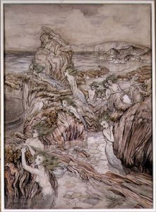 Aly，插图来自纳撒尼尔-霍桑的《三个金苹果》一书，由Hodder and Stoughton出版（纸上笔墨、水彩）。 作者 亚瑟·拉克汉姆（Arthur Rackham）