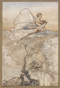 ...她的仙女派人把他带到我在仙境的花房"。
仙女带着长岭飞走了。仲夏夜之梦》中的一幕。 作者 亚瑟·拉克汉姆（Arthur Rackham）
