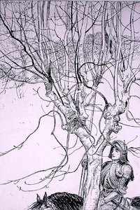 当我躺在床上时，他骑着马上路了"，插图来自《英戈兹比传奇，或欢乐与奇迹》，作者托马斯-英戈兹比，1898年出版（纸上笔墨）。 作者 亚瑟·拉克汉姆（Arthur Rackham）