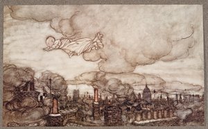 他从JM Barrie（1860  -  1937），酒吧的肯辛顿花园的Peter Pan飞到了花园。 1906年 作者 Arthur Rackham