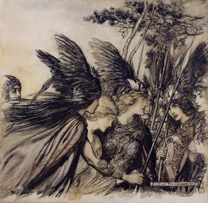 Brunnhilde从The Rhinegold和Valkyrie的插图中看到了Valkyries，图片由理查德瓦格纳（Richard Wagner）出版，1910年出版（纸笔，墨水和纸张） 作者 亚瑟·拉克汉姆（Arthur Rackham）
