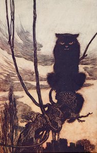 白天她把自己变成了一只猫？来自格林兄弟的童话故事吧。 1909年 作者 亚瑟·拉克汉姆（Arthur Rackham）