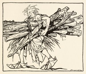 卡尔在爱尔兰童话故事中的卡尔（The Carl of the Drab Coat）为夜晚建造了一个避难所 作者 亚瑟·拉克汉姆（Arthur Rackham）