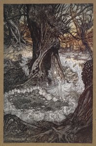 来吧，现在来个圆舞曲
仲夏夜之梦》中的一个场景。 作者 亚瑟·拉克汉姆（Arthur Rackham）
