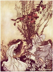 与JM Barrie的“Peter Pan in Kensington Gardens”中的仙女共舞，1906年34：JM Barrie在肯辛顿花园中的Peter Pan：与仙女共舞，1906年 作者 亚瑟·拉克汉姆（Arthur Rackham）