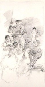 堂吉诃德低头弯腰（纸上铅笔 作者 亚瑟·拉克汉姆（Arthur Rackham）