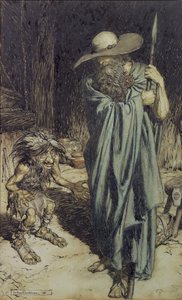 矮人和沃坦，来自Niebelungen的Wagners戒指，1911年（wc，笔和墨水） 作者 亚瑟·拉克汉姆（Arthur Rackham）
