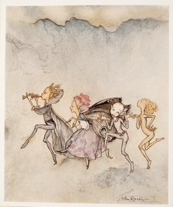 每个人都踩着他的脚趾，将在这里用拖把和割草，来自William Shakespeares The Tempest，pub的插图。 1926年 作者 亚瑟·拉克汉姆（Arthur Rackham）