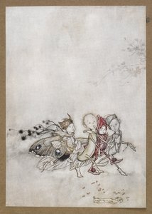 进入太平花、蛛网、飞蛾和芥子"。
仲夏夜之梦》中的一个场景。 作者 亚瑟·拉克汉姆（Arthur Rackham）