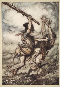 Fafner杀死了Fasolt，1910年来自&39;The Rhinegold and the Valkyrie&39;的插图 作者 亚瑟·拉克汉姆（Arthur Rackham）