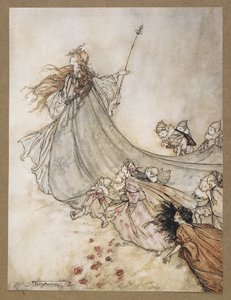 ...仙子们走了如果我再呆下去，我们就会变成真正的孩子"。
仲夏夜之梦》中的一个场景。 作者 亚瑟·拉克汉姆（Arthur Rackham）