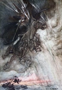 愤怒的是，Wotan骑在岩石上。理查德为莱茵黄金和女武神插图 作者 亚瑟·拉克汉姆（Arthur Rackham）
