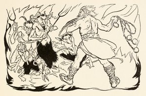Goll mac Morna在爱尔兰童话故事中抨击来自The Little Brawl的Fionn和Fianna-Finn 作者 亚瑟·拉克汉姆（Arthur Rackham）