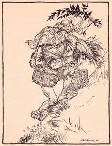 他不断地呻吟着，爬上了山。 亚瑟·拉克姆 (Arthur Rackham) 插图，选自格林童话《井边的鹅姑娘》。 作者 亚瑟·拉克汉姆（Arthur Rackham）