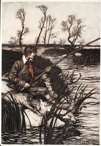 他将整天坐在潮湿的岩石上钓鱼，来自华盛顿欧文酒吧的Rip Van Winkle。 1910 作者 亚瑟·拉克汉姆（Arthur Rackham）