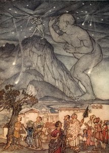 赫拉克勒斯对他的肩膀耸了耸肩，1922年纳撒尼尔霍索恩的“女孩和男孩的奇迹书”中的插图 作者 亚瑟·拉克汉姆（Arthur Rackham）