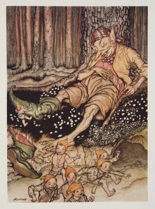 Hop-o-my-thumb轻轻地走到食人魔身上，从The Arthur Rackham Fairy Book，pub中脱下他的七匹联盟靴子。 1933年 作者 亚瑟·拉克汉姆（Arthur Rackham）