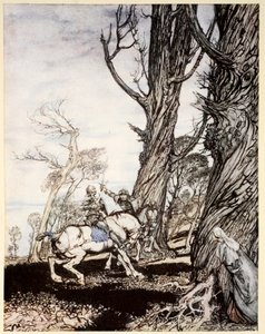 朗塞洛爵士如何杀死骑士Sir Peris de Forest Savage，让女士，女士们和女士们感到苦恼，来自“亚瑟王的浪漫和他的圆桌骑士”的插图 作者 亚瑟·拉克汉姆（Arthur Rackham）