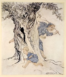 1920年，James Stephens撰写的“爱尔兰童话故事”中的插图让他紧张和气喘吁吁地抓住那个追求的人并追求她并让自己接受行动。 作者 亚瑟·拉克汉姆（Arthur Rackham）