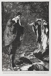 来自 Jorinda 和 Joringel 的 Zachiel 和老妇人的插图。 作者 亚瑟·拉克汉姆（Arthur Rackham）
