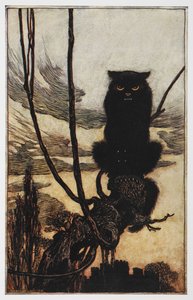 Jorinda 和 Joringel 绘制的黑猫插图。 作者 亚瑟·拉克汉姆（Arthur Rackham）