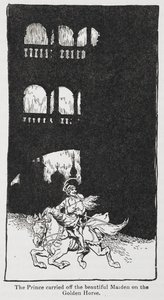 金鸟》中王子骑马带走少女时的插图。 作者 亚瑟·拉克汉姆（Arthur Rackham）