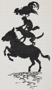 不来梅市音乐家的插图：驴、狗、猫和公鸡。 作者 亚瑟·拉克汉姆（Arthur Rackham）