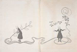 史古治的插图。一边是一枝冬青树，他攥着一袋钱，看起来很生气。另一面则画着一枝槲寄生，看起来很开心。 作者 亚瑟·拉克汉姆（Arthur Rackham）