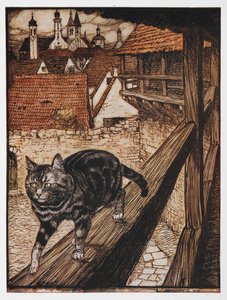 猫和老鼠的伙伴关系》中的猫沿着栅栏行走的插图。 作者 亚瑟·拉克汉姆（Arthur Rackham）