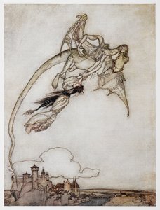 聪明四兄弟》中龙带走公主的插图。 作者 亚瑟·拉克汉姆（Arthur Rackham）