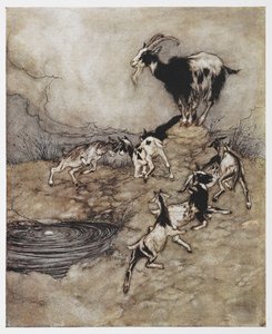 山羊和她的孩子们在玩耍的插图，选自《狼和七个孩子》。 作者 亚瑟·拉克汉姆（Arthur Rackham）