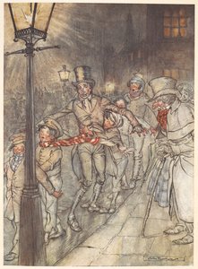 圣诞夜的街景插图，有鲍勃-克拉奇特和孩子们。 作者 亚瑟·拉克汉姆（Arthur Rackham）