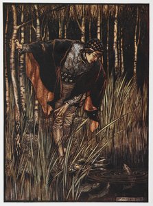白蛇传》中池塘边的青年插图。 作者 亚瑟·拉克汉姆（Arthur Rackham）