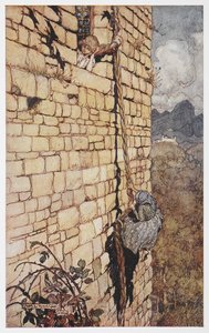 女巫爬上长发公主头发的插图。 作者 亚瑟·拉克汉姆（Arthur Rackham）