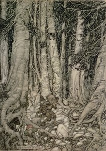 1905年由华盛顿欧文（1783-1859）撰写的Rip Van Winkle的“森林与桶” 作者 亚瑟·拉克汉姆（Arthur Rackham）