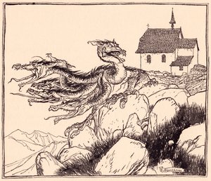 没过多久，七头龙咆哮着冲了过来。亚瑟-拉克姆根据格林童话《两兄弟》绘制的插图。 作者 亚瑟·拉克汉姆（Arthur Rackham）